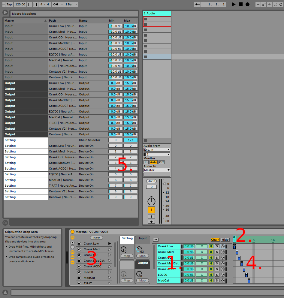 The effects rack with all the various settings